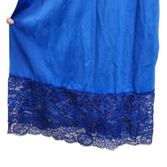 VTG Vintage Vanity Fair Size 8 Royal Blue Nylon Slip Dress Midi Length Lace Trim - Picture 2 of 11